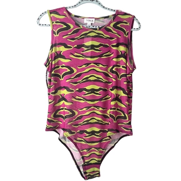 Terea Astrid Sleeveless Mesh Bodysuit Pink Green Black Size XL New with Tag - Picture 4 of 8